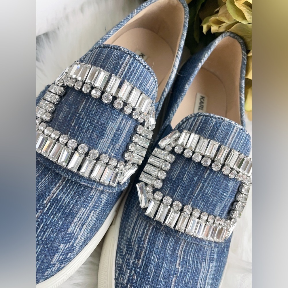 Karl Lagerfeld Navy Denim Slip on Shoes with Diamond Buckle Size 6/36 - Picture 7 of 8